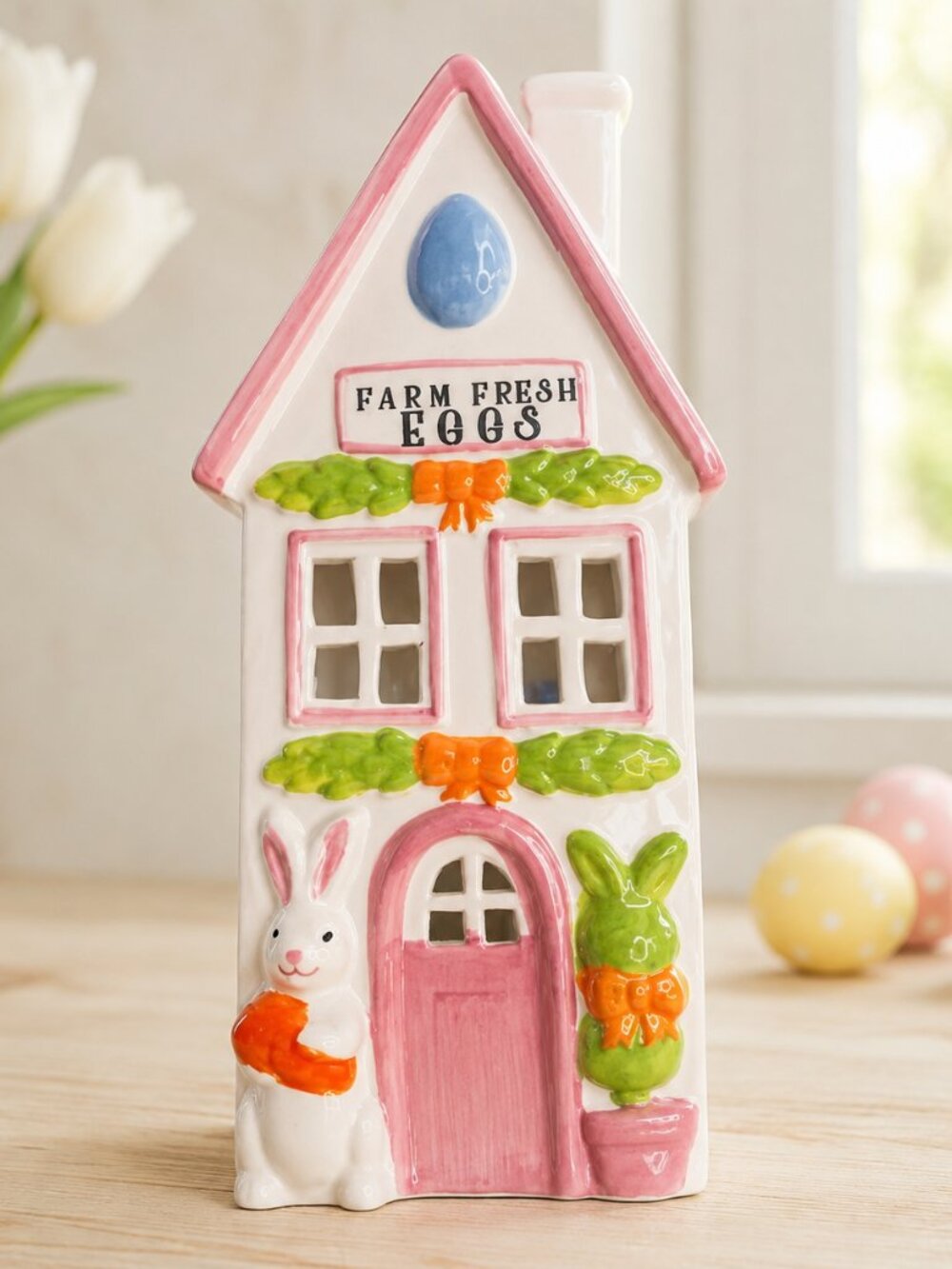 Rachel Ashwell Farm Fresh Eggs Lighted Ceramic Easter House Bunny Decor NWT